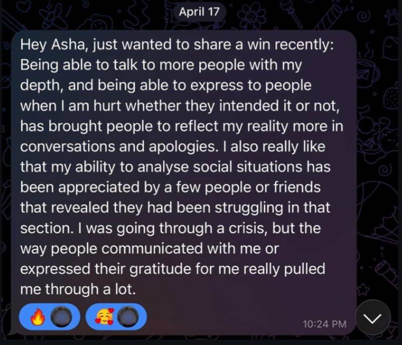Client message sharing a win about connecting with people with more depth and reading social situations