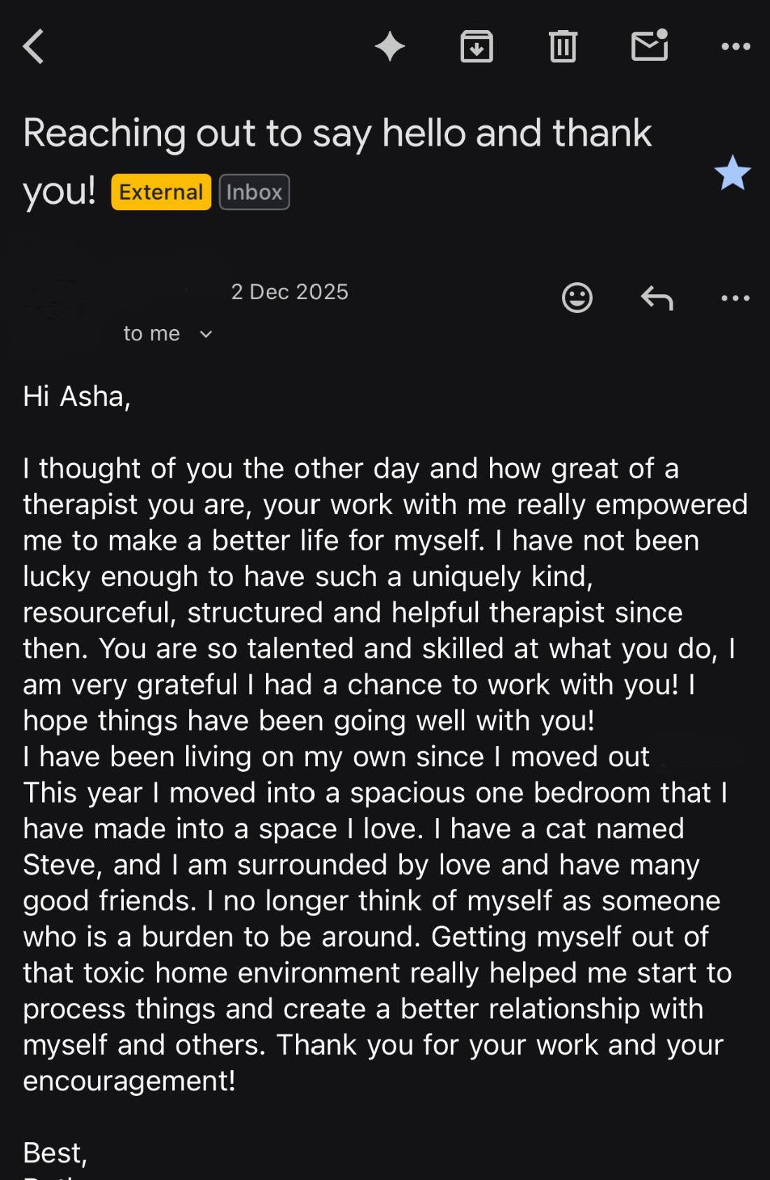 Client email thanking Asha for empowering them to make a better life